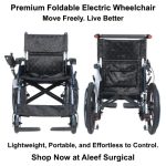 Premium Foldable Electric Wheelchair. Aleef Surgical, side view