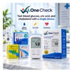Front view of the One Check BGM-T10 analyzer box showing blood glucose, uric acid, and cholesterol testing features.