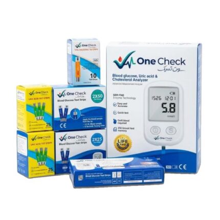 One Check BGM-T10 analyzer box showing blood glucose, uric acid, and cholesterol testing features. Image of Aleef Surgical